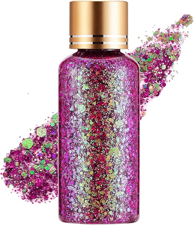 Holographic Body Glitter Gel for Face, Body, Nail, Super Long Lasting Waterproof Quick Dry Liquid Chunky Glitter Eyeshadow for Rave Festival Party Makeup Accessories, 1oz (Dream Rose)