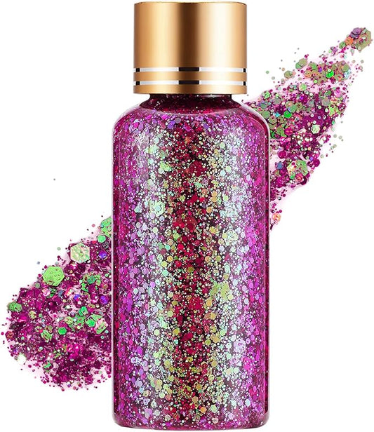 Holographic Body Glitter Gel for Face, Body, Nail, Super Long Lasting Waterproof Quick Dry Liquid Chunky Glitter Eyeshadow for Rave Festival Party Makeup Accessories, 1oz (Dream Rose)