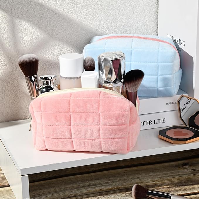 2 Pieces Makeup Bag Cute Cosmetic Bag Plush Pink Blue Checkered Makeup Pouch Coquette Travel Toiletry Bag Organizer Fluffy Makeup Brushes Puffy Storage Bag for Women