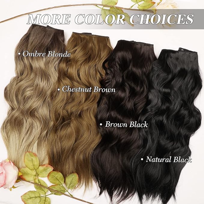 MORICA Invisible Wire Hair Extensions - 20 Inch Ombre Blonde Long Wavy Synthetic Hairpiece with Transparent Wire Adjustable Size, 4 Secure Clips for Women