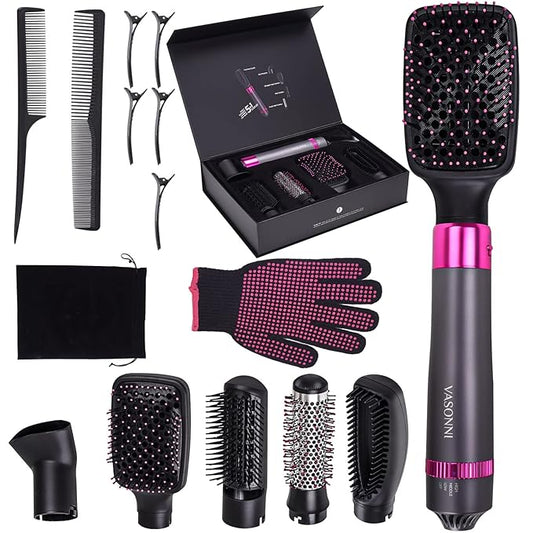 5 in 1 Hair Dryer Brush, Negative Ion Electric Hot Air Blow Dryer Brush Comb (black-red)