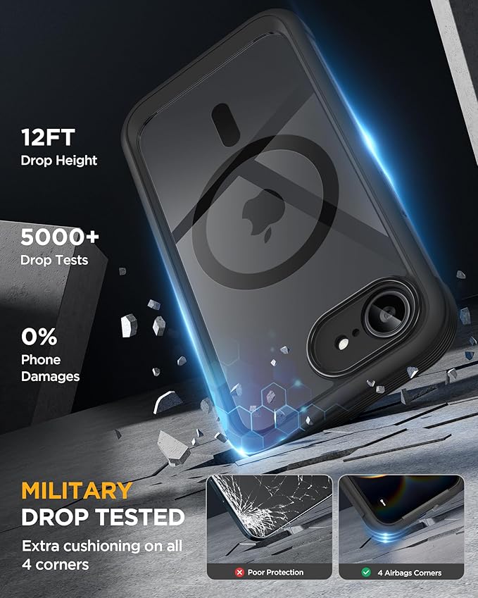 Miracase Magnetic for iPhone 16e Case Full-Body Phone with Built-in Glass Screen Protector, [Compatible with MagSafe] Military Drop Proof 16E Cover Bumper 6.1 inch, Black