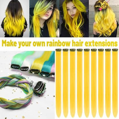 22 inch Colored Hair Extensions, Multi-colors Party Highlights Clip in Synthetic Hair Extensions, Color Party Highlights Hairpieces for Girls Women Cosplay Gift(10 PCS Yellow)