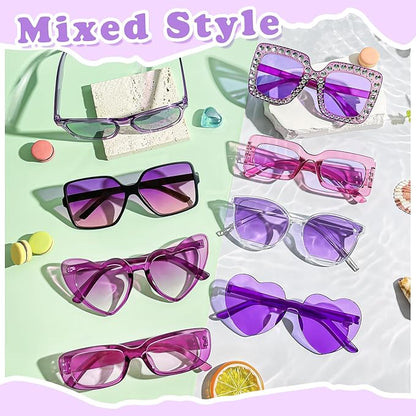 Pibupibu 8 Pack Pink Sunglasses for Women Collection Trendy Cute Costume Accessories Eyewear Set (Transparent/Solid/Mix)