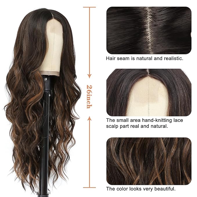 NAYOO 26 Inch Long Curly Middle Part Synthetic Heat Resistant Fiber Wig for Women - Daily Use Party Wig in Dark Brown