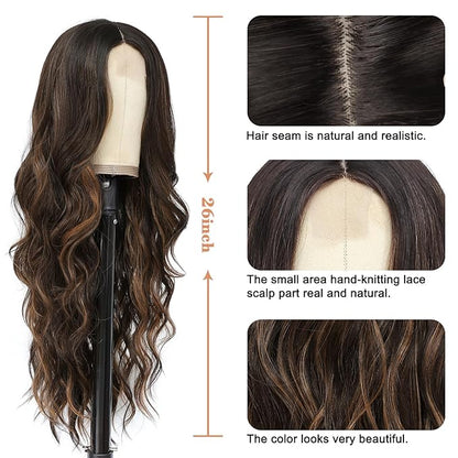 NAYOO 26 Inch Long Curly Middle Part Synthetic Heat Resistant Fiber Wig for Women - Daily Use Party Wig in Dark Brown