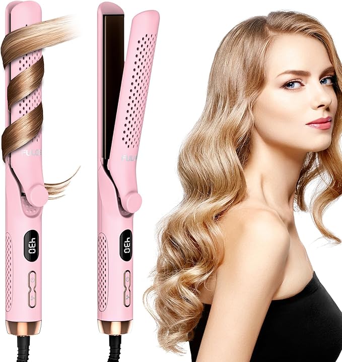 360° Airflow Styler Curling Iron, 1.25 Inch Hair Straightener and Curler 2 in 1, LED Display Curling Flat Iron with Cooling Air Vents to Lock in Style, Adjustable Temp Curling Wand (Pink)