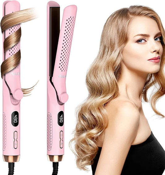 360° Airflow Styler Curling Iron, 1.25 Inch Hair Straightener and Curler 2 in 1, LED Display Curling Flat Iron with Cooling Air Vents to Lock in Style, Adjustable Temp Curling Wand (Pink)