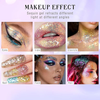 Roll-on Holographic Body Glitter Gel for Face Hair, Chameleon Color Changing Glitter Gel Under Light, Chunky Mermaid Sequins Festival Party Rave Accessories Shimmer Makeup (12# Sparkling Blue)