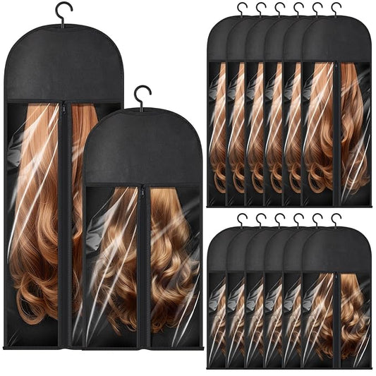 14 Pcs Extra Long Hair Extension Storage Bag with Hanger, Two Sizes for Multiple Wigs, Dust Proof Hanger for Hair Extensions, Accessories, Black
