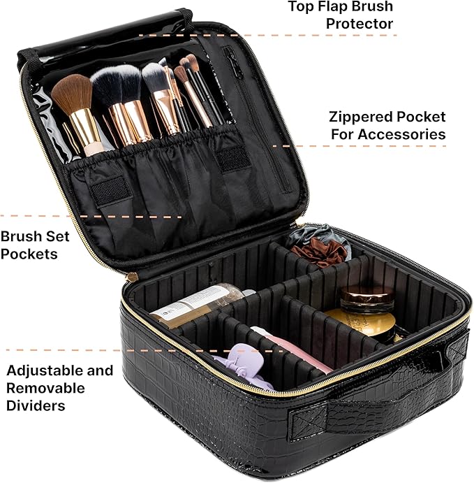 (Not Made In China) Makeup Train Case, Cosmetic Organizer Bag, Travel Make Up Storage With Adjustable Dividers For Cosmetics, Jewelry, Fragrance, Nail Polish and Brushes (1, Crocodile, Small)