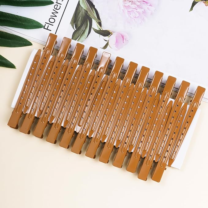 24 Packs Duck Bill Clips, Bantoye 3.35 Inches Rustproof Metal Alligator Curl Clips with Holes for Hair Styling, Hair Coloring, Brown