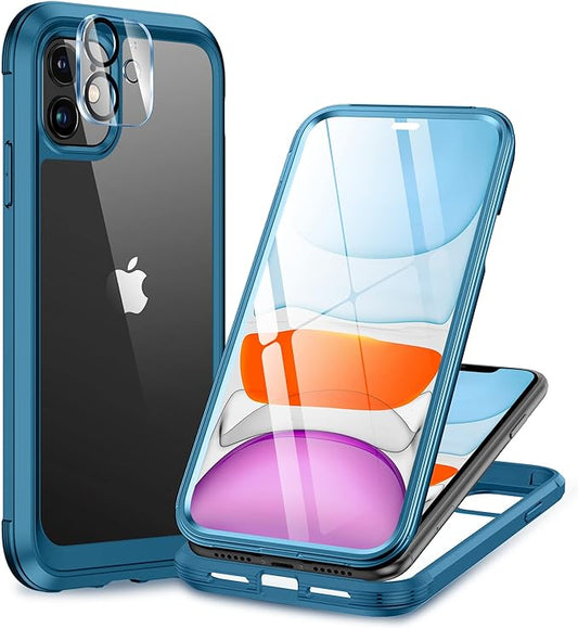 Miracase Glass Series Designed for iPhone 11 Case [2023 Upgraded] Full-Body Rugged Bumper Case with Built-in 9H Tempered Glass Screen Protector and Camera Protector (Light Blue)