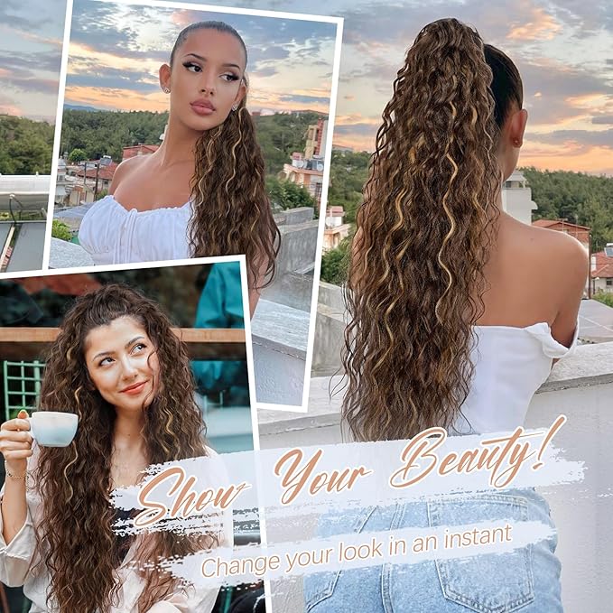 ORSUNCER Ponytail Extension Claw 26" Curly Pony Tail Clip in Claw Hair Extensions Fluffy Natural Looking Synthetic Hairpiece for Women Chocolate Brown Highlight