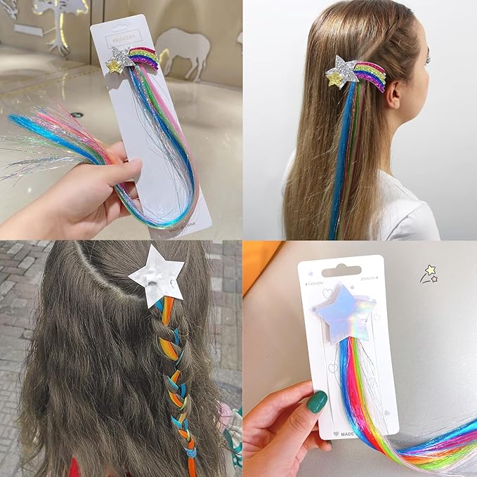 6 Pcs Hair Clips for Girls, Rainbow Hairpieces Hair Extensions Cute Colored Hair Clips for Kids Little Girls