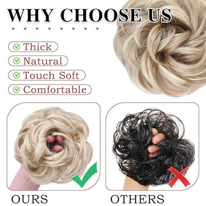 MORICA 1PCS Messy Hair Bun Hair Scrunchies Extension Curly Wavy Synthetic Chignon Hairpieces for Women (Natural Blonde & Lightest Blonde)