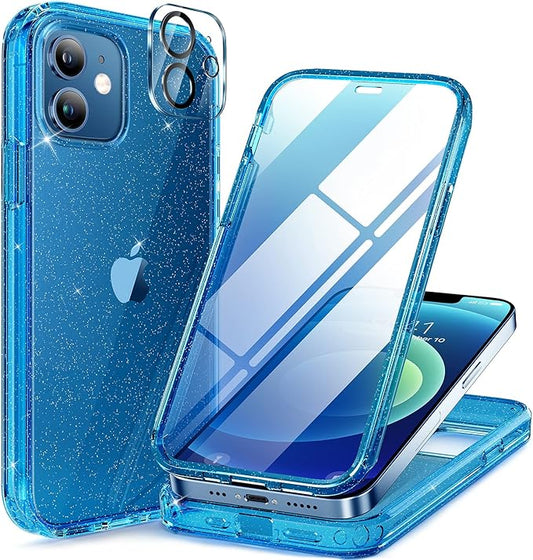 Miracase Glass Series for iPhone 12/12 Pro - Full-Body Rugged Protective Case with Built-in 9H Tempered Glass Screen Protector and Camera Lens Protector - Glitter Blue