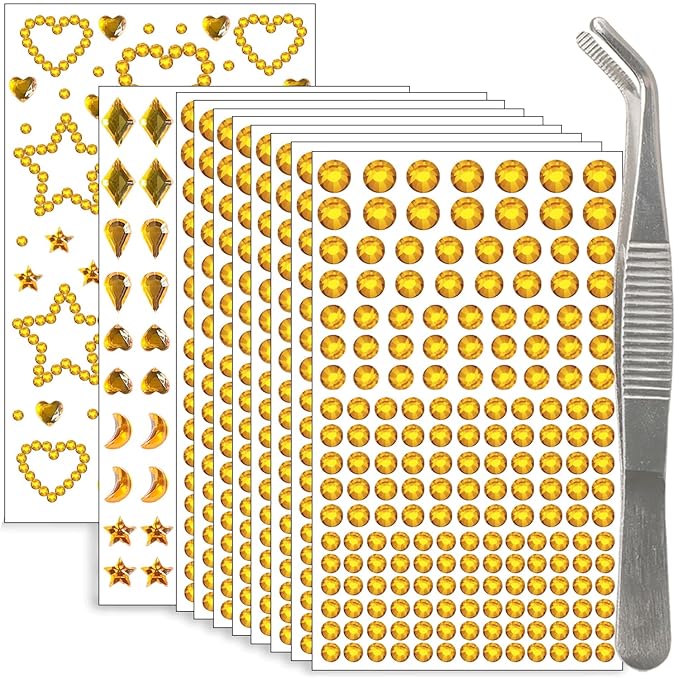 NIACONN 1760 Pcs Gold Yellow Hair Jewels Face Gems Stick on, Self Adhesive Glitter Rhinestones Stickers for Women Body Eyes Nails Festival Halloween Makeup & Crafts
