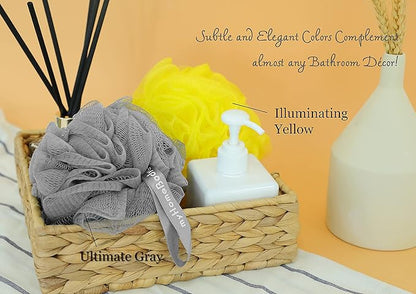 myHomeBody Large 70g Loofah Sponge, Body Scrubber, Bath Sponge, Loofah for Women, Men, Exfoliating Sponge Shower Pouf with Activated Charcoal - 2 Ultimate Gray + 1 Illuminating Yellow, 3 Pack