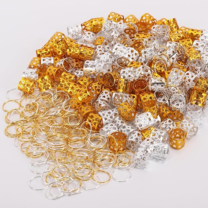 200 Pcs Dreadlocks Beads and 200 Pcs Hair Braid Rings, Hair Braiding Metal Cuffs Decoration Accessories Jewelry, Silver and Gold