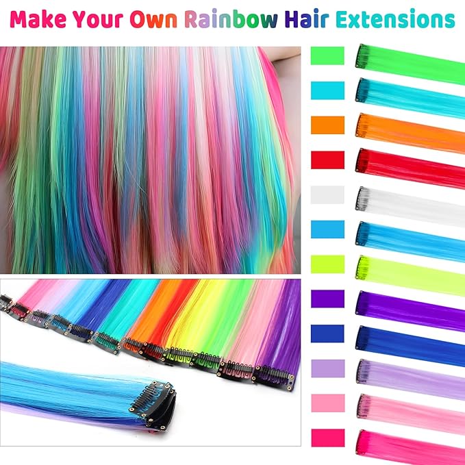 12 PCS Colorful Hair Extensions Clip in, 20 Inch Colored Hair Accessories, Party Highlights Long Straight Synthetic Hairpieces for Women Kids Girls (Rainbow)