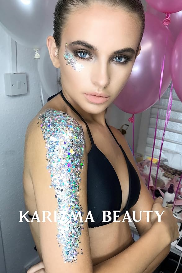 KARIZMA Holographic Silver Body Glitter - 10g Chunky Face, Hair, Eye & Body Glitter for Women - Rave & Festival Accessory