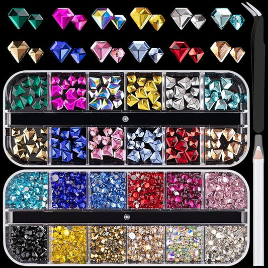 Mixed Color Flatback Round and Diamond Shape Rhinestones Kit, Multi Size Glass Crystals Bead with Pickup Pencil and Tweezer for Nail Art