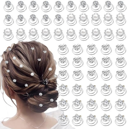 60 PCS 4 Shapes Gems Rhinestone Twister Hair Studs Set Diamond Spiral Pearl Flower Jewels Hair Pins Sticks for Wedding, Bridal, Prom, Party and Special Occasion, Butterfly