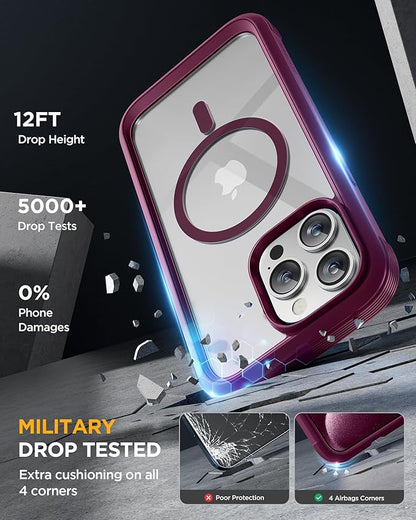 Miracase Magnetic for iPhone 12 Pro Max Case [Compatible with MagSafe] Full-Body Phone case with Built-in Glass Screen Protector& Camera Protector, Military Drop Proof 12 Pro Max Cover, Wine Red