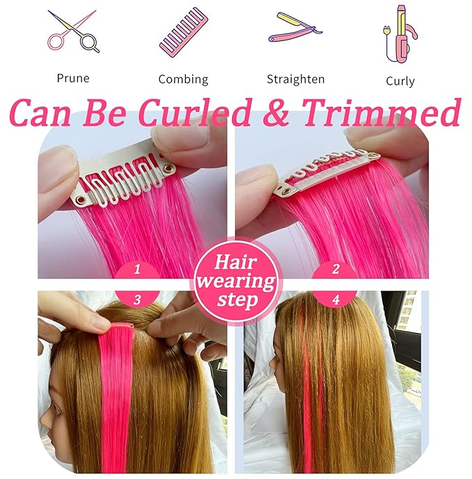 12 PCS Colored Hairpieces, Multi-colors Party Highlights Clip in Heat-Resistant Synthetic Hair Extensions 20 inch (Pink)