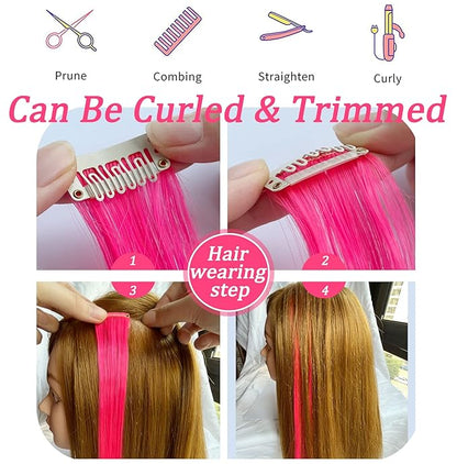 12 PCS Colored Hairpieces, Multi-colors Party Highlights Clip in Heat-Resistant Synthetic Hair Extensions 20 inch (Pink)