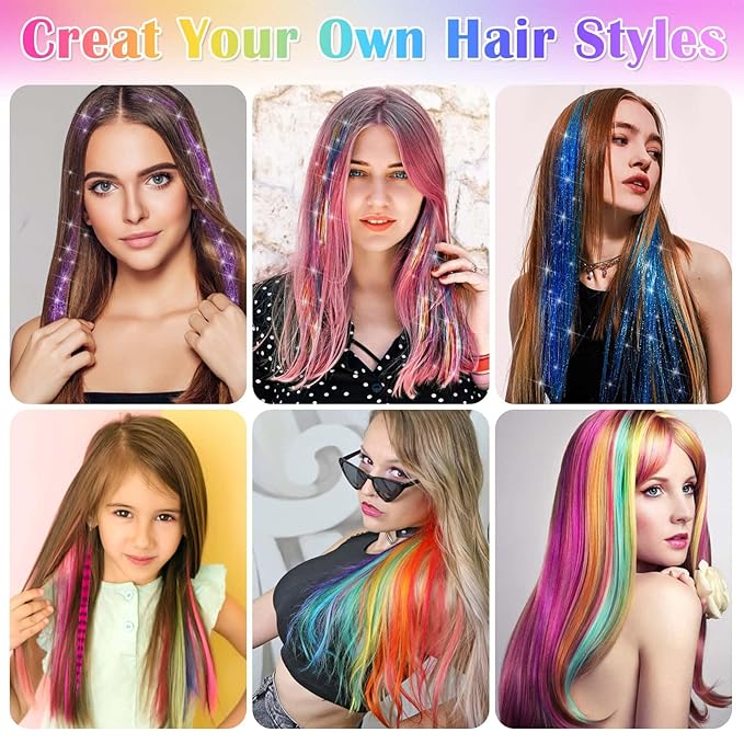 20 Colors Hair Tinsel with Hair Feathers & Colorful Hair Extensions, 48 Inch Sparkle Hair Glitter Strands with Colored Hair Feathers Extensions Kit for Women Girls Kids Party Festival