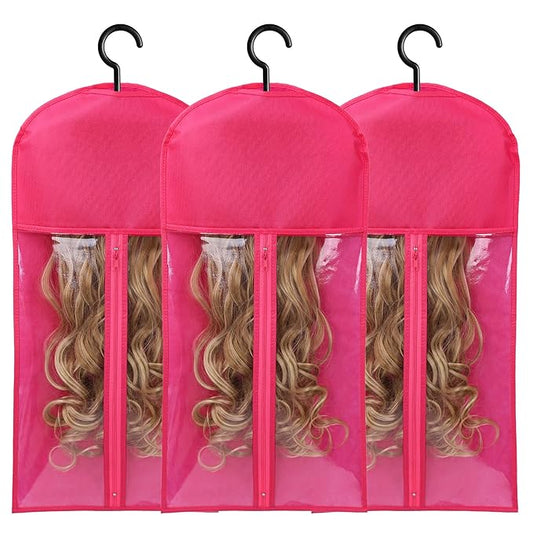 3PCS Wig Storage Bags With Hanger Hair Extension Holder Wig Holder for Multiple Wigs Bags Storage with Hanger Wig Hanger Rack for Multiple Wigs Hair Extensions, Wigs & Accessories(HOT PINK)