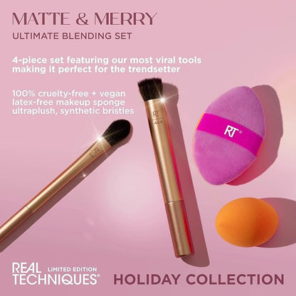 Real Techniques Matte & Merry Ultimate Blending 4 Piece Holiday Gift Set, Foundation Makeup Sponge, Dual-Sided Powder Puff, & 2 Makeup Brushes, Kitten Paw Brush, Stocking Stuffer, Limited Edition
