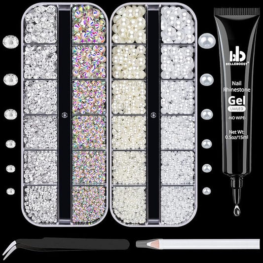 Nail Art Rhinestone Glue Gel&2 Boxes Flatback Gems Kit, 1 Tube of 15ml Rhinestone Gel Glue+Round AB&Clear Gems+Flat-Back Half Round White&Beige Pearls with Pickup Tools
