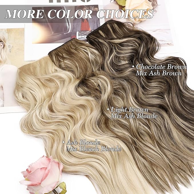 MORICA Invisible Wire Hair Extensions - 20 Inch Chocolate Brown Mix Ash Brown Long Wavy Synthetic Hairpiece with Transparent Wire Adjustable Size, 4 Secure Clips for Women