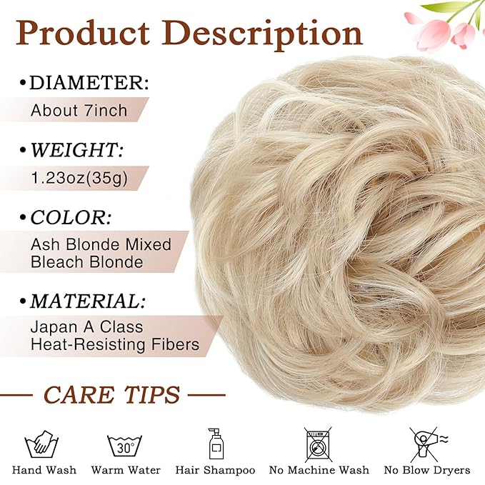 MORICA Messy Bun Hair Piece for Women - Elastic Wavy Curly Fake Bun Hair Extension Chignon Ponytail Hairpieces for Women (Ash Blonde & Bleach Blonde)