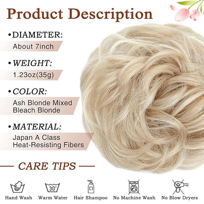 MORICA Messy Bun Hair Piece for Women - Elastic Wavy Curly Fake Bun Hair Extension Chignon Ponytail Hairpieces for Women (Ash Blonde & Bleach Blonde)