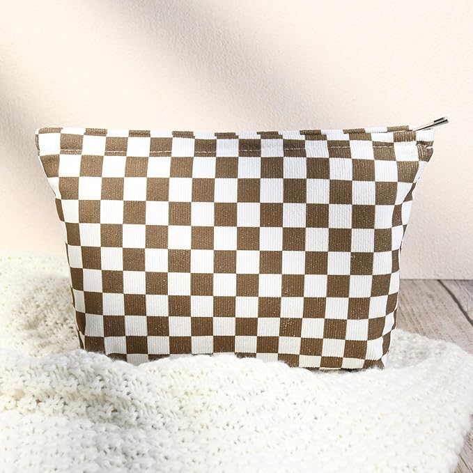 2 Pcs Checkered Makeup Bag Large Cosmetic Bag Toiletry Bag Makeup Pouch Travel Bag Organizer Cute Makeup Brushes Aesthetic Accessories Storage Bag for Women Coffee Brown