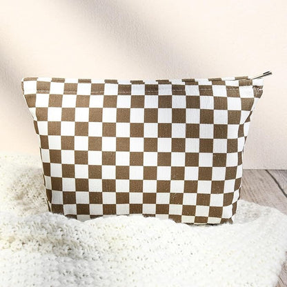 2 Pcs Checkered Makeup Bag Large Cosmetic Bag Toiletry Bag Makeup Pouch Travel Bag Organizer Cute Makeup Brushes Aesthetic Accessories Storage Bag for Women Coffee Brown