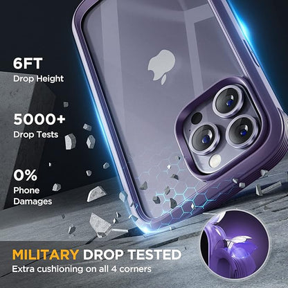 Miracase Glass Series for iPhone 14 Pro Case 6.1 Inch, Full-Body Protective Anti Slippery Case with Built-in 9H Tempered Glass Screen Protector, with Camera Lens Protector (Purple)