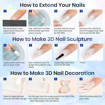 MIZHSE 2PCS Solid Builder Gel for Nails Kit: 30g/1oz Clear & Aurora Hard Gel for Nail with Nail Forms 3D Silicone Mold Soak off U V Builder Extension Gels for Women