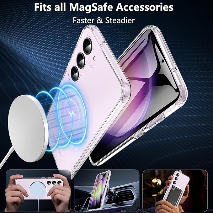 OWKEY for Galaxy S23 Case 6.1'', Magnetic Samsung Galaxy S23 Case for Magsafe with Screen Protector, [Military Grade Protection] Shockproof Phone Cover S23 Case Protective Case for Samsung S23, Clear
