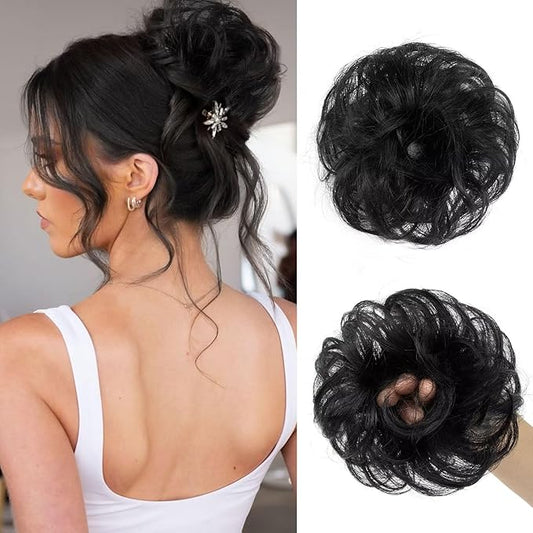 1 PCS Messy Bun Hair Piece Real Human Hair Thick Updo Wavy Curly Chignon Ponytail Hair Extensions Hair Bun Hairpieces for Women Girls (#1 Jet Black)