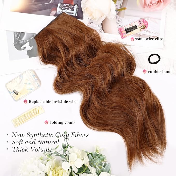 MORICA Halo Hair Extensions 20 Inch Auburn Invisible Wire Hair Extensions, Long Wavy Synthetic Hairpiece with Transparent Wire Adjustable Size, 4 Secure Clips for Women