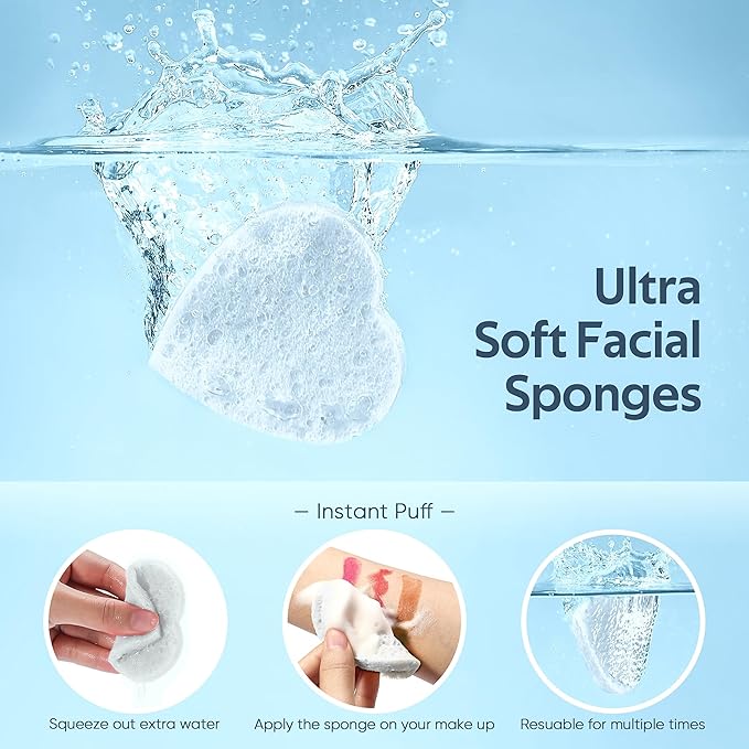 50-Count Heart Shape Compressed Facial Sponges for Daily Facial Cleansing and Exfoliating, 100％ Natural Cosmetic Spa Sponges for Makeup Remover, White