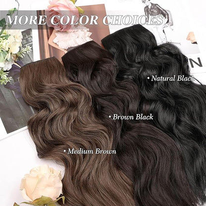 MORICA Invisible Wire Hair Extensions - 14 Inch Natural Black Long Wavy Synthetic Hairpiece with Transparent Wire Adjustable Size, 4 Secure Clips for Women(Natural Black,14Inch)