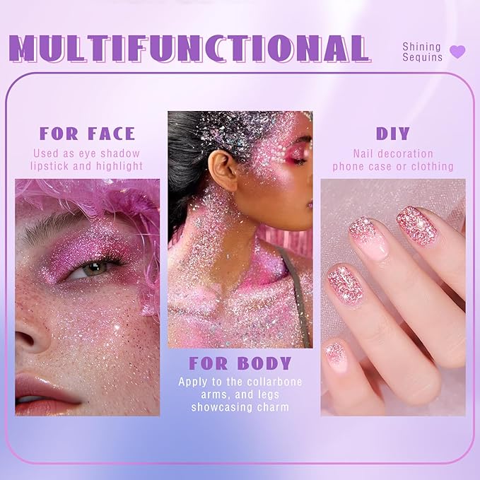 Roll-on Holographic Body Glitter Gel for Face Hair, Chameleon Color Changing Glitter Gel Under Light, Chunky Mermaid Sequins Festival Party Rave Accessories Shimmer Makeup (20# Pink)