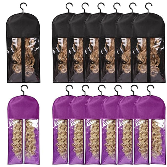 12PCS Wig Bags With Hanger - Hair Extension Holder for Multiple Wigs - Organizer (6PCS Black & 6PCS Purple)