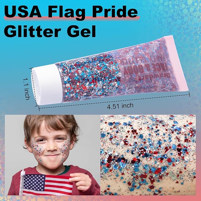 USA Flag Pride Body Glitter,4th of July Hair Glitter Gel,Festival Rave Glitter Face Makeup,Sparkling Chunky Body Glitters,Independence Day Patriotic Accessories,50ml